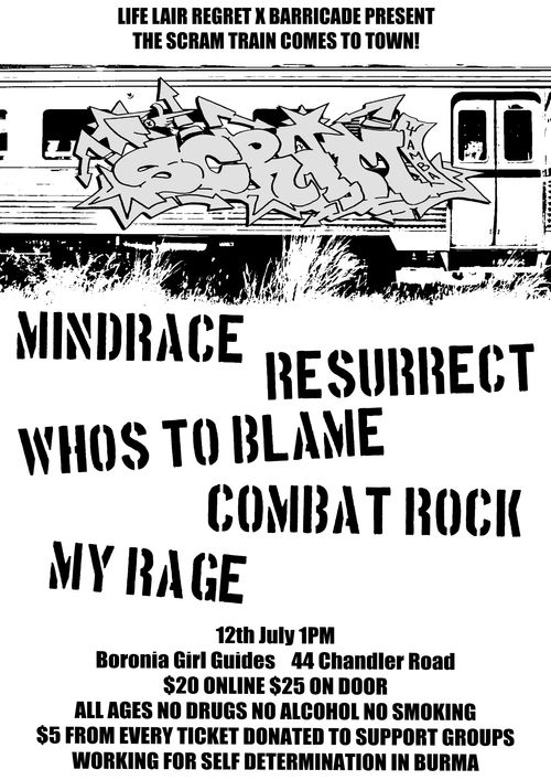 Scram (QLD), Mindrace, Ressurect, Who's To Blame & more @ Boronia Girl Guides AA